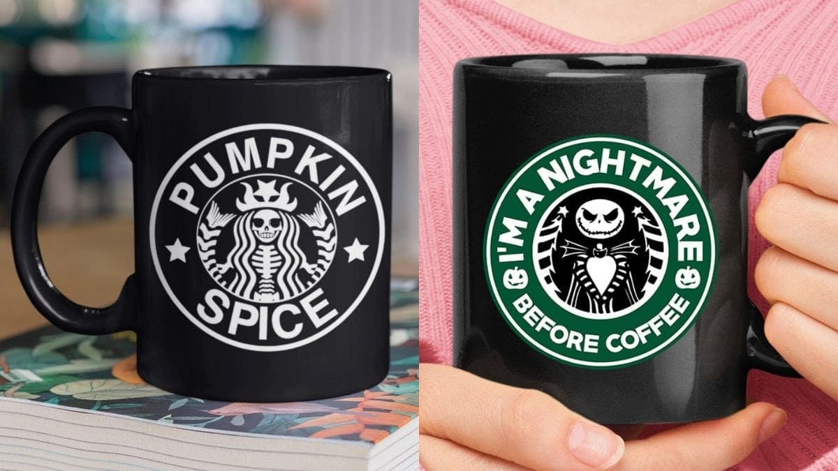 Black Starbucks mugs printed with Halloween themes of Jack-o'-lantern and witch can be great Halloween gifts.