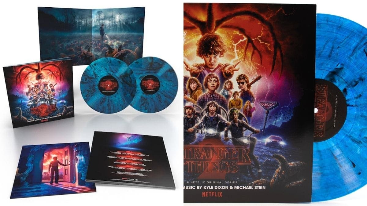 The limited edition Soundtrack of stranger things on a blue splattered vinyl as a Halloween gift