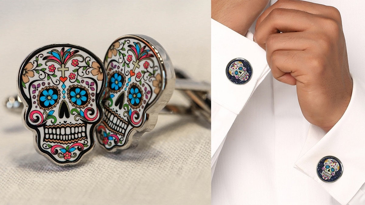 Sugar skull cufflinks and sugar skull cufflinks on a man's cuffs on the right.