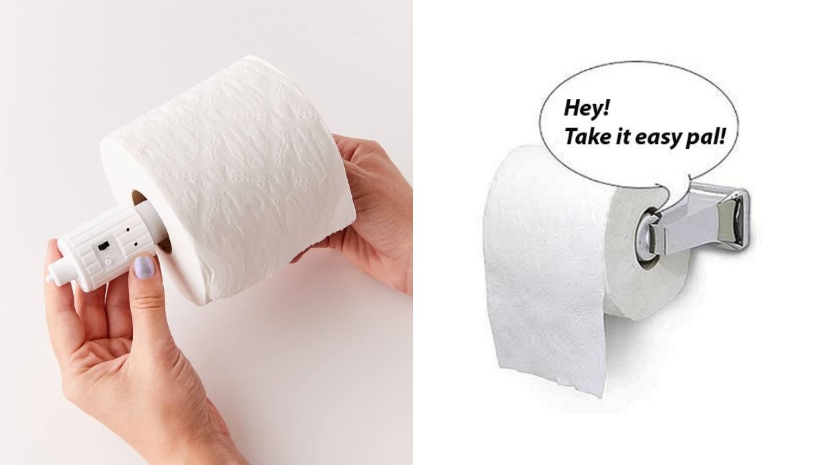 A lady's hands holding the white talking toilet paper roll dispenser inside a toilet paper roll. The wall mounted toilet paper dispenser saying Hey! Take it easy pal.