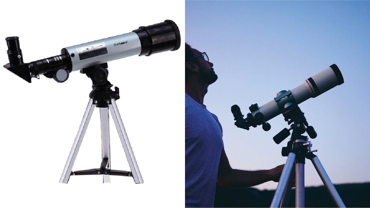 On left: a telescope against a white background. On right: a person looking in the sky and adjusting his telescope. 