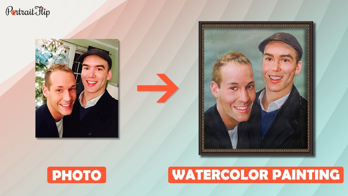 A photo of two male best friends is turned into watercolor painting by portraitflip artists. 