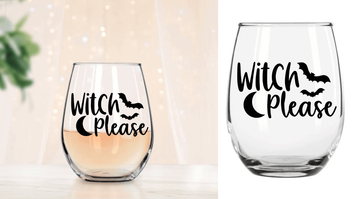 Same wine glass displayed in two settings, one with wine and on a table and the other empty and on a white background.