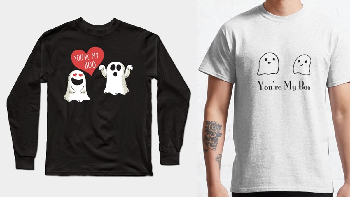A pair of plain black and white graphic t-shirt printed with you're my boo.