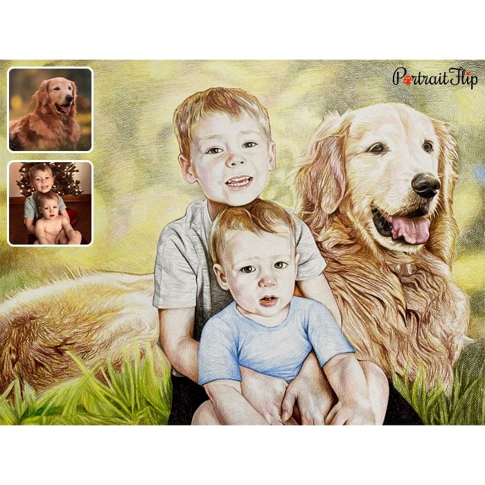 cute kids with dog colored pencil drawing