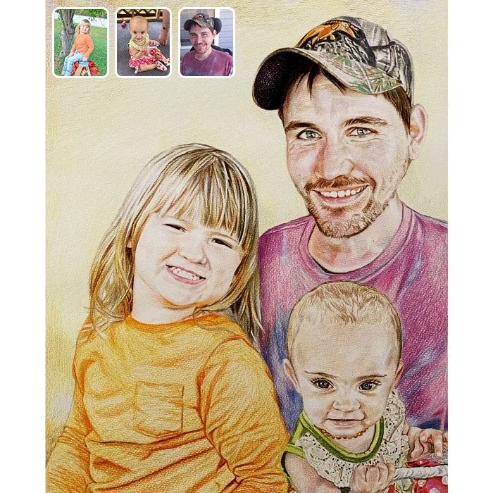 father with kids colored pencil drawing