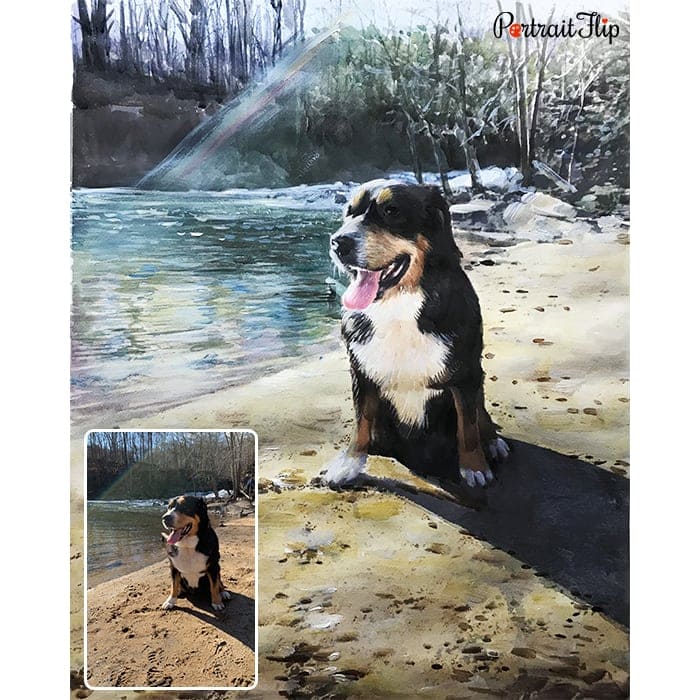 dog on lake watercolor painting