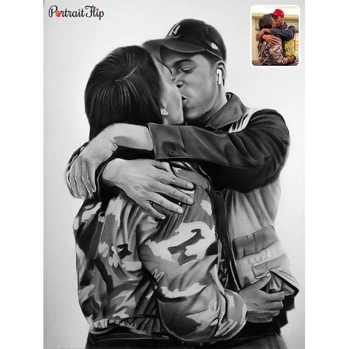kissing couple charcoal portrait