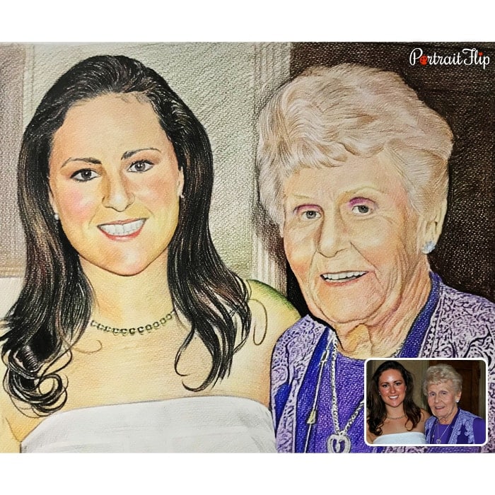 daughter with grandma colored pencil drawing
