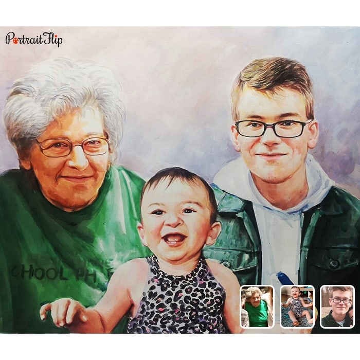 grandmother and children watercolor portrait