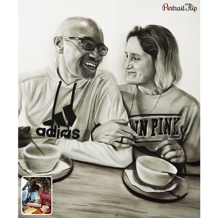 smiling couple pencil drawing