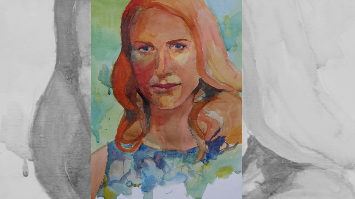 a watercolor portrait of woman that is overworked. 