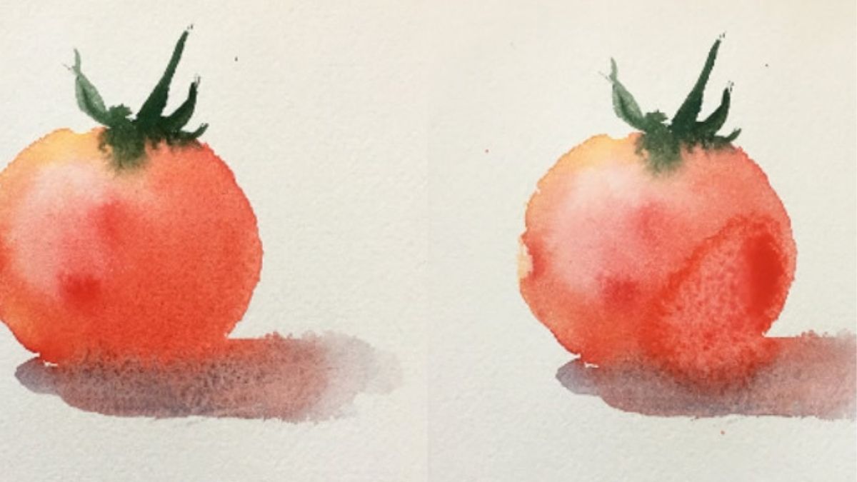On the left: a watercolor painting of tomato. On the right: a watercolor painting of tomato that is a little bit flawed. 
