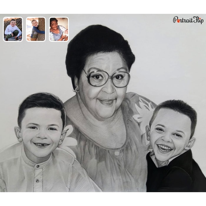 two kids with grandma pencil portrait