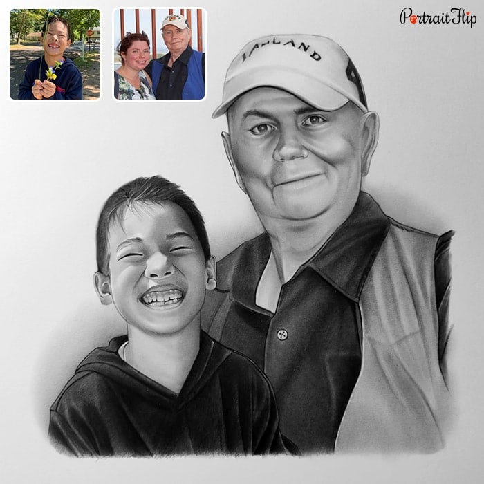 grandpa with kid charcoal drawing