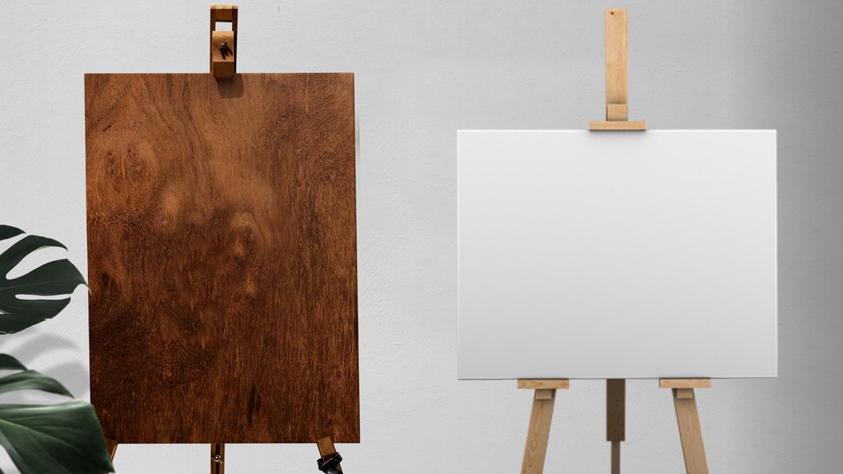 oil painting surfaces include a wooden board and white canvas.   