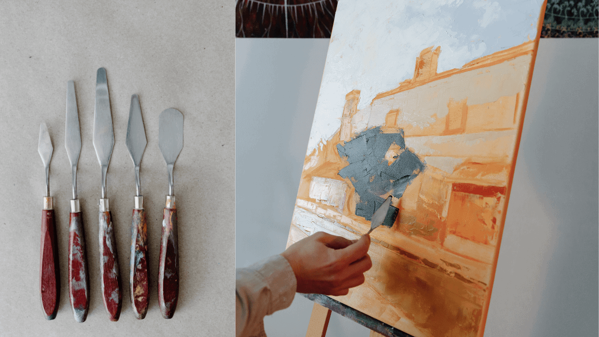 different types of palette knife along with an artist using a palette knife to create different textures in a canvas. 