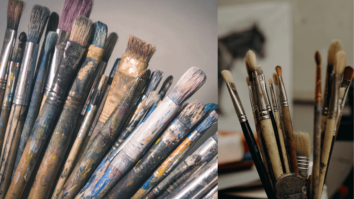 A before and after of used oil paint brushes that have been cleaned. 