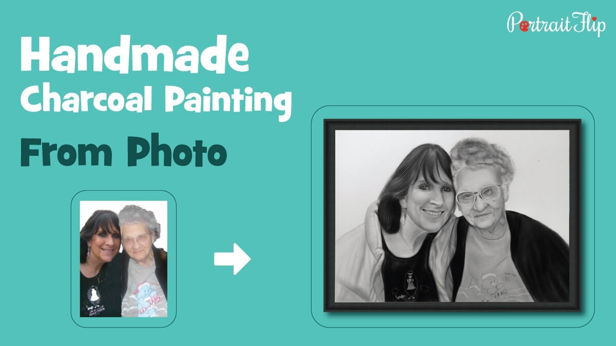 A Splendid Handmade Charcoal Painting by PortraitFlip depicts an old lady and her daughter smiling on a white plain wall behind them.  