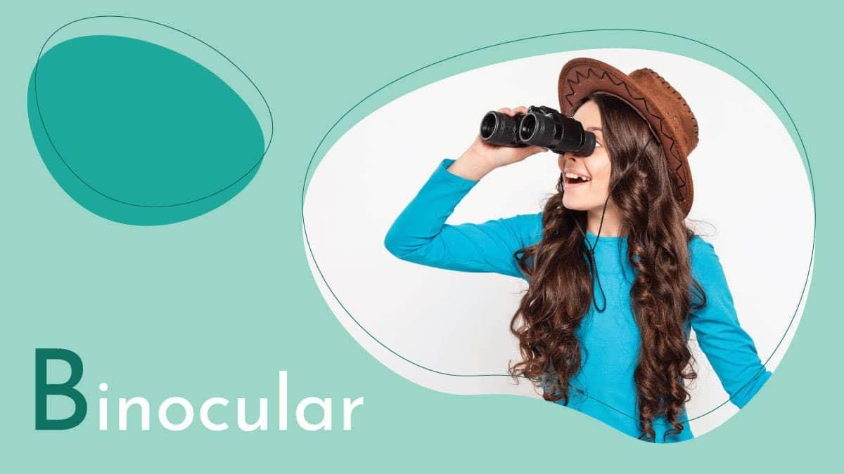 A girl with a brown hat looking through a binocular on her left side.. 