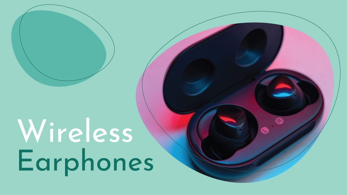 A powerful sound wireless earphones is placed on the pink surface. 