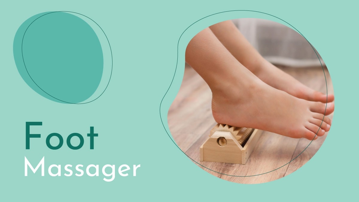 A closeup shot of white feet is being massaged on foot massager. 