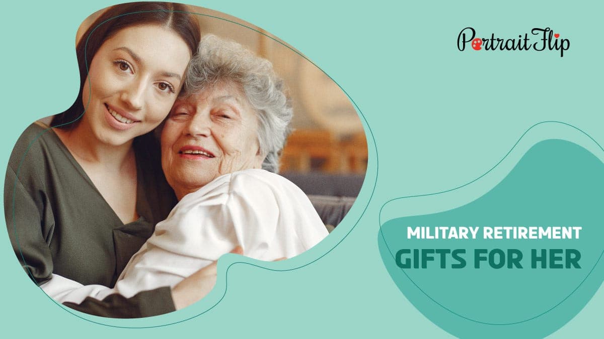 Military retirement gifts for her: An old lady hugs her daughter looking at the front. 