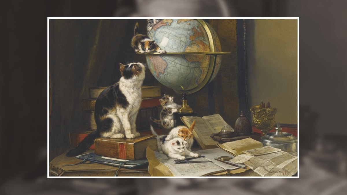 Cats playing with a globe, famous cat paintings