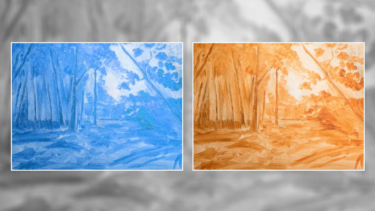 underpaint for oil painting.
the base layer made with yellow and blue paint.
