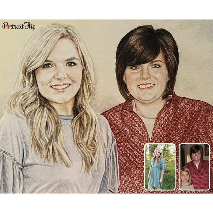 two sisters colored pencil drawing