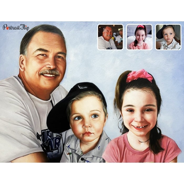 two kids with father merged portrait