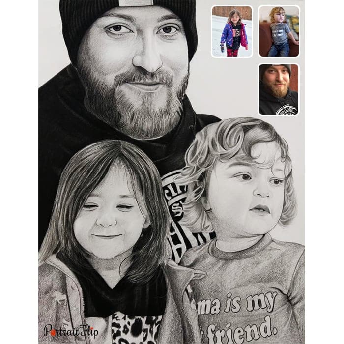two kids with father pencil drawing