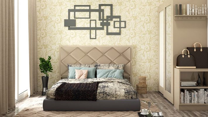 A bedroom wall is decorated with the wallpaper. 