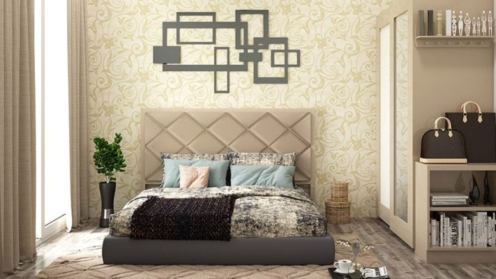 A bedroom wall is decorated with the wallpaper.