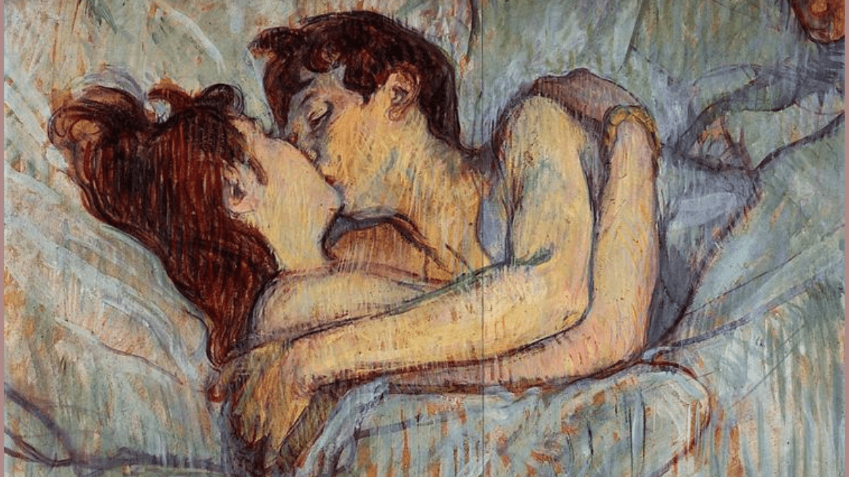A lesbians couple in a loving embrace, kissing each other.
A iconic romantic painting know as - In Bed, The Kiss by Henri Toulouse-Lautrec