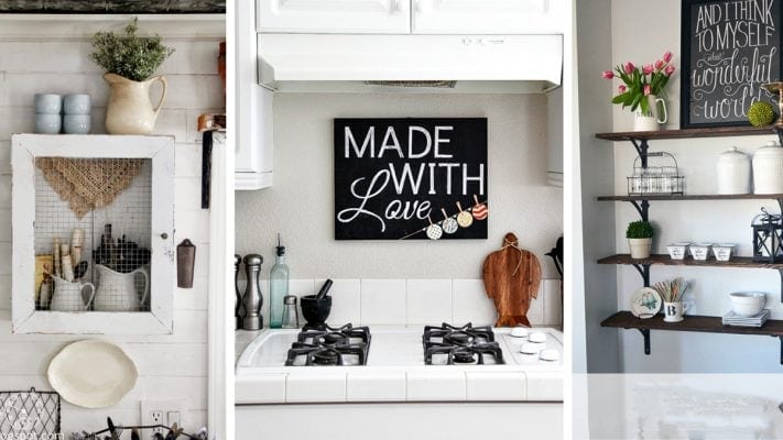 Kitchen signs are mounted on the walls of a kitchen. 