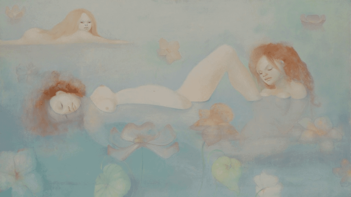 Les Baigneuses (The Bathers) by Leonor Fini. 
A painting depicting women bathing themselves in water body.  