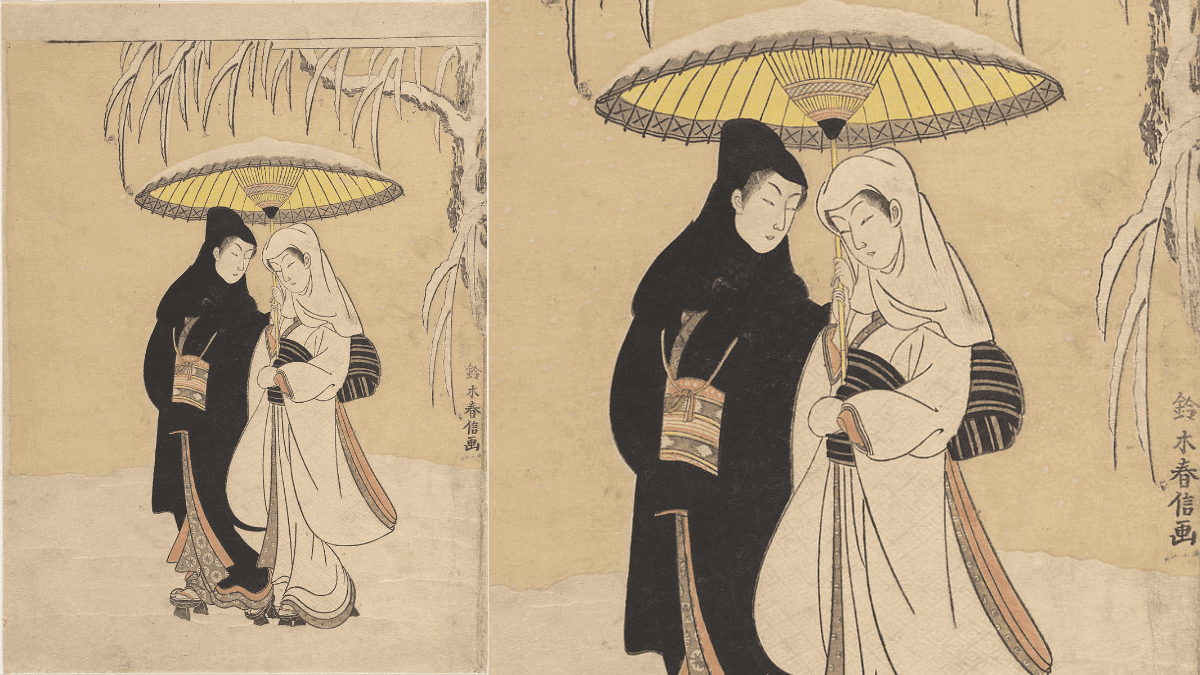 Lovers in the Snow under an Umbrella by Suzuki Harunobu