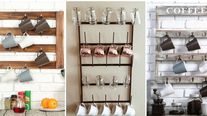 Mug shelves on the walls of kitchen. 