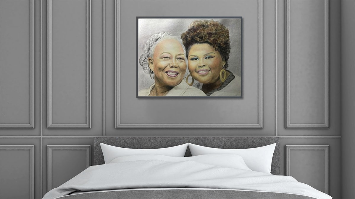 A beautiful handmade sketch by PortraitFlip is mounted on the wall of a bedroom. 