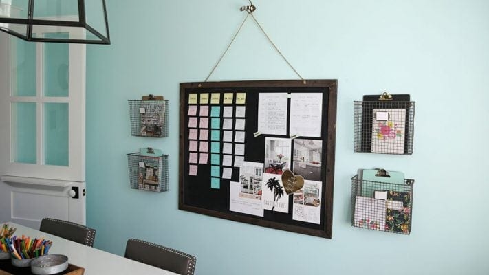 A to-do list board is mounted on the wall of a entryway. 