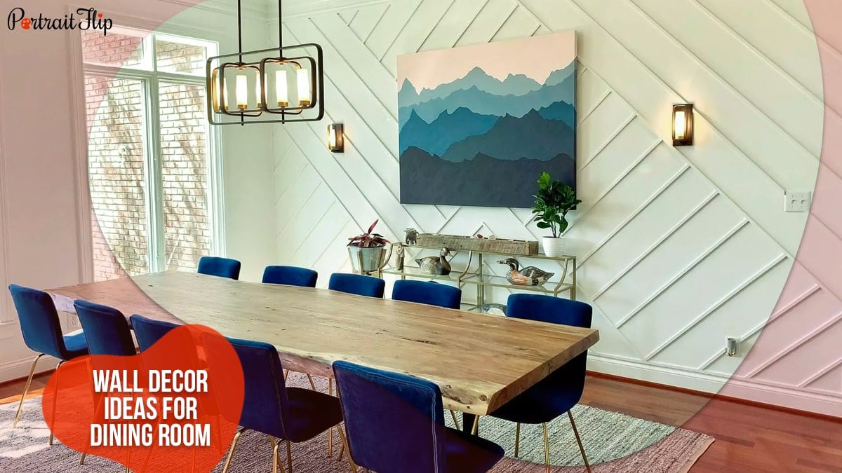 Wall Decor Ideas For Dining Room: An empty dinning room has a painting, lamps, and a dinning table. 