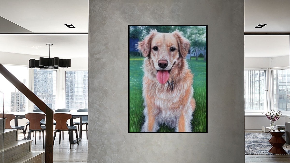 A handmade pet painting is mounted on the wall of the entryway. 