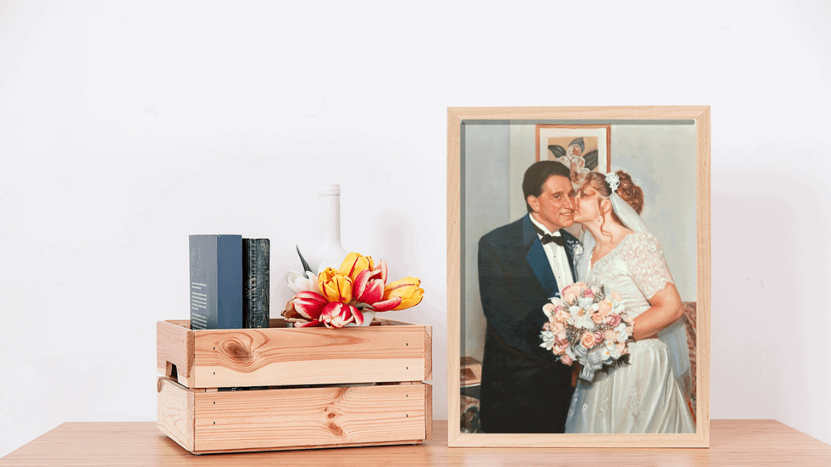 A beautiful interior desk decorated with one of PortraitFlip's customer's wedding portrait of a bride and her father.