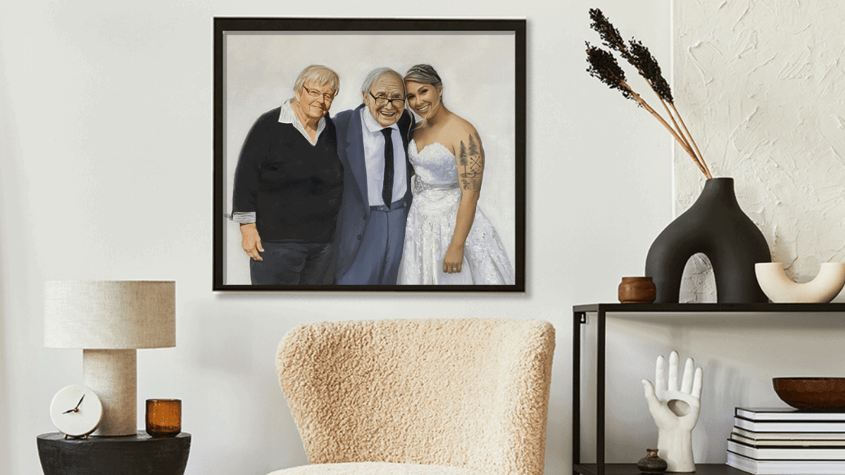A beautiful interior wall decorated with one of PortraitFlip's customer's compilation wedding portrait of a bride and her parents.