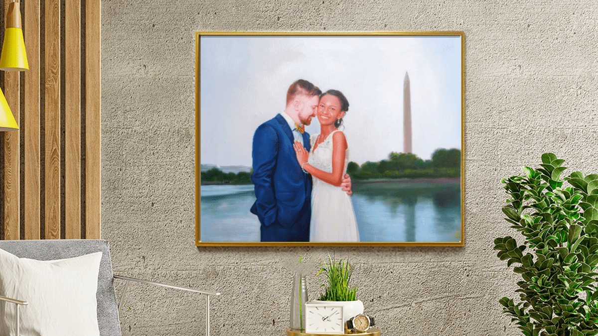 A beautiful interior wall decorated with one of PortraitFlip's customer's wedding portrait of a bride and a groom.