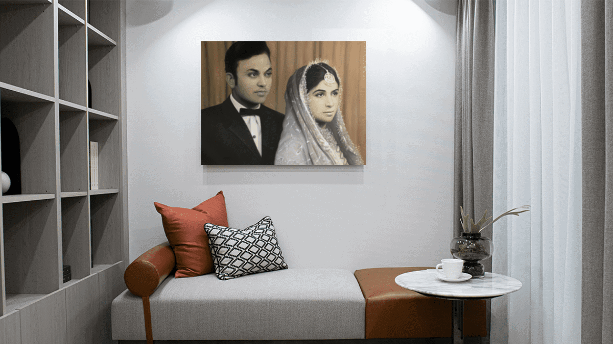 A beautiful interior wall decorated with one of PortraitFlip's customer's vintage wedding portrait of a bride and a groom.