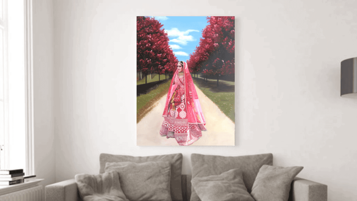 A beautiful interior wall decorated with one of PortraitFlip's customer's wedding portrait of a bride.