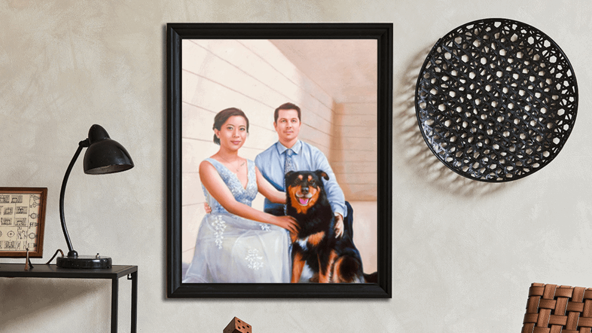 A beautiful interior wall decorated with one of PortraitFlip's customer's wedding portrait of a bride, groom and their dog.