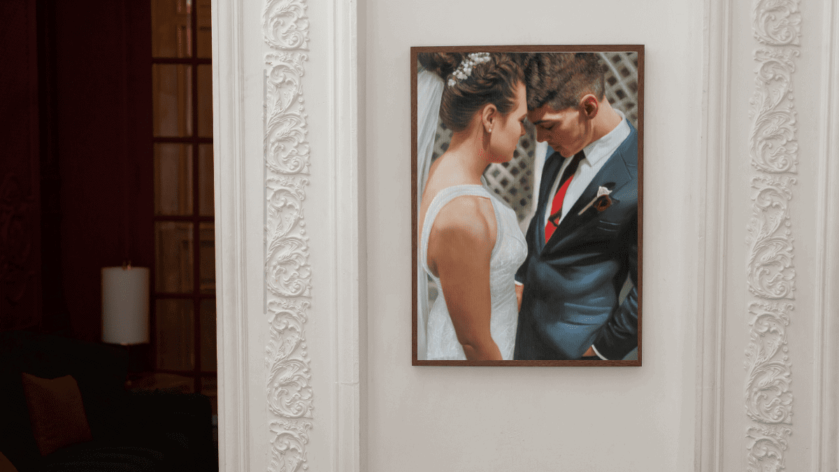 A beautiful interior wall decorated with one of PortraitFlip's customer's wedding portrait of the bride and the groom.
